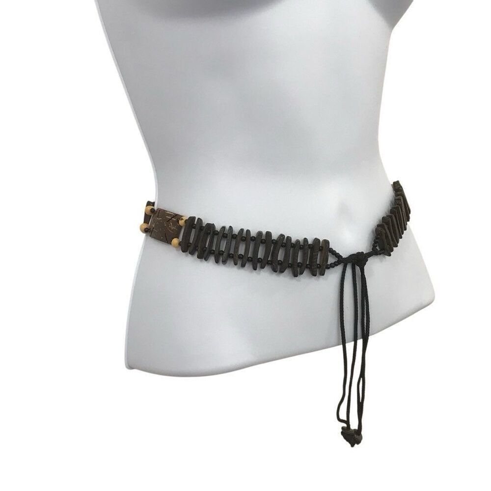 Bohemian Vintage Wooden Plank Beaded Long Self Tie Brown Hippie Belt - Picture 5 of 5